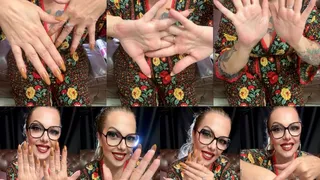 Doll hands - Hand worship - Beautiful and soft hands - Long hands, Long fingers, Palms of hands, Hands upside down, Applying cream on hands, Veins on hands, Kimono, Long nails, Long hair tied back, Heavy makeup, Red Lipstick, Glasses