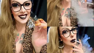 Winston 100s - Applying my black lipstick and smoking for you - Dangling, Deep Inhales, Nose exhales, Multiple pumps, Puffs, Smoke rings, Cough, Leopard print leather jacket, Vinyl pants, Long hair, Heavy makeup, Black lipstick, Beautiful long nails