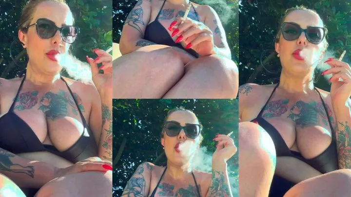 Chain of two Winston 100s - Deep Inhales, Dangling, Nose exhales, Puffs, Bikini, Red lipstick, Long red nails, Sunglasses