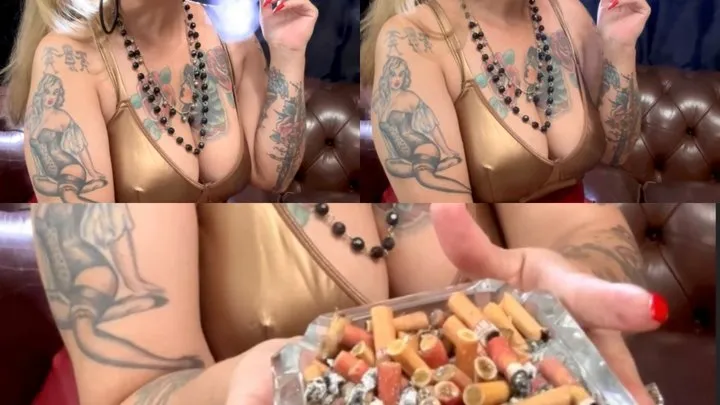 Red Marlboro - Extreme smoker's cough - Puffs in your face, Smoke rings, Long drag, Puffs, Nose exhales, Deep Inhales, Leather bodysuit, Long leather skirt, Black lipstick, Long red nails, Long tied back hair