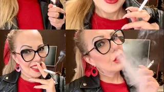 MARLBORO REDS 100S - Leather and Smoke - Mouth Inhales and open mouth exhales, Deep Inhales, Triple pumps, Multiple pumps, Nose exhales, Smoke rings, Crush, Genuine leather jacket, Vinyl boots, Red lipstick, Long nails