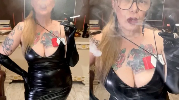 Marlboro reds 100s - All in black, to match my lungs, long dress and long PVC Vinyl gloves, Black Pantyhose, red lipstick, High heels - Deep Inhales, Long Drag, Smoke rings, Cough, Multiple pumps, Crush