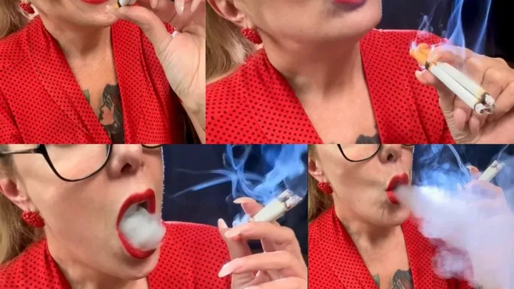 DARKSIDE - POWER SMOKING - Smoking three red Marlboros at once - Coughing, Deep Inhales, Smoke rings, Long drag, Nose exhales, Red lipstick, Long natural nails