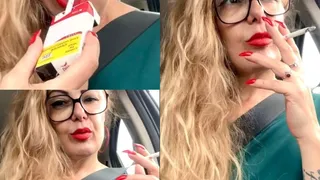 Winston 100s - Smoking in the moving car - A few puffs in your face, Deep Inhales, Dangling, Nose exhales, Beautiful long hair, Red lipstick and long red nails