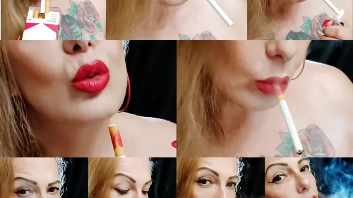 MARLBORO REDS - Close-up - Showing all the sensuality of a veteran smoker, the nicotine only did me good - Deep Inhales, Mouth Inhales and open mouth exhales, Smoke rings, Triple pumps, Double puffs, Cough, Nose exhales, Red lipstick, Long Red nails