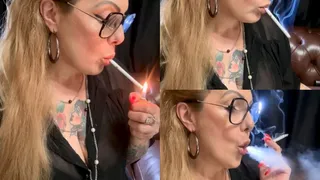 Winston 100s - Triple pumps, Nose exhales, Deep Inhales, Dangling, Puffs, Mouth Inhales and open mouth exhales, Long drag, Coughing, long red nails, Transparent blouse, bra, Long blonde hair, prescription glasses
