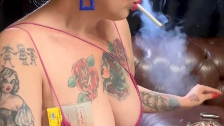 Elegant Smoker - Dunhill - Deep Inhales, Multiple pumps, Multiple puffs, Dangling, Smoke rings, Long drag, Nose exhales, Long pink vinyl dress, Pink lipstick, Long red nails