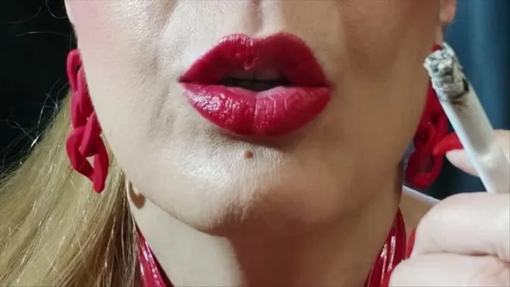 Close-up Marlboro reds 100s - Mouth Inhales and open mouth exhales, Coughing, Red lipstick and long red nails