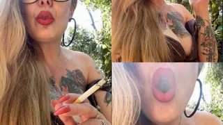 Marlboro reds 100s - Beautiful blonde smoking in the park, long hair, Red lips and long red nails - Crush - Deep Inhales - Mouth Inhales and open mouth exhales