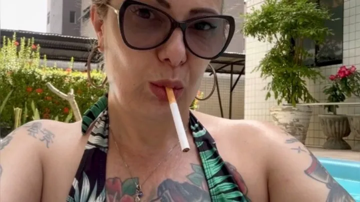 Smoking my Marlboro reds 100s in the pool, no smoking area - Deep Inhales - Multiple pumps - Nose exhales - Mouth Inhales - Mouth exhales - Long red nails