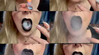 Close-up - NEWPORT - OPEN MOUTH INHALES AND OPEN MOUTH EXHALES - COUGHING - BLACK LIPSTICK