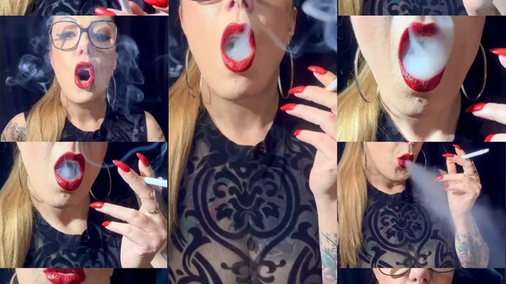 Sexy Smoker - Close-up - Marlboro reds 100s - Pov - Deep Inhales, Coughing,Triple pumps, Long Drag, Long Hair, Red lipstick, red nails