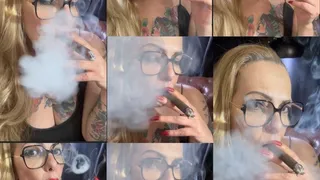 Close-up CIGAR - Smoke rings, Nose exhales, Long Hair, Long nails, red lipstick, red nails