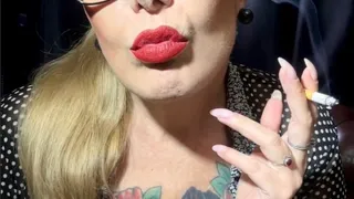 Marlboro Reds - Smoking and sassy secretary, teasing her boss - Audible Inhales and exhales - Deep Inhales - Mouth Inhales and open mouth exhales, Cough, Triple pumps, red lipstick, Long nails, generous cleavage