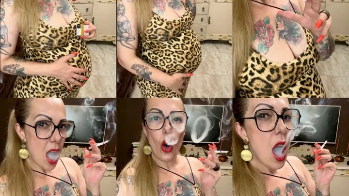 Winston 100s - Mature and pregnant smoker, in her beautiful long dress, showing all her love for nicotine - Deep Inhales, Mouth Inhales and open mouth exhales, Triple pumps, Smoke rings, Crush, Coughing