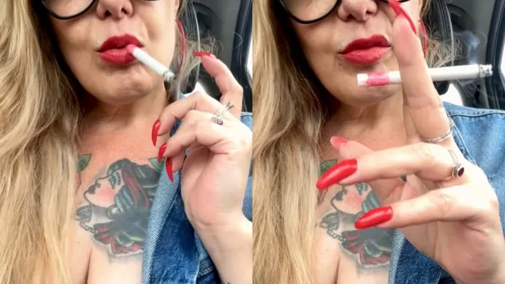 Dunhill - Smoking in the car - This video contains a surprise - Deep Inhales - Mouth Inhales and open mouth exhales - Denim jacket - Long hair and long red nails