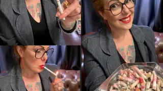 Winston 100s - PVC Vinyl pants and denim blazer - Deep Inhales, Mouth Inhales, Mouth exhales, Triple pumps, Nose exhales, Coughing, Red lipstick and long nails
