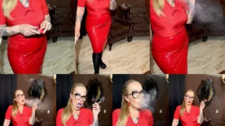 Marlboro reds - Charming pin-up, smoking for you - Deep Inhales, Dangling, Mouth Inhales, Mouth exhales, Crush, Multiple pumps, Black Pantyhose, High heels, Red lipstick, PVC Vinyl