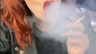 Dunhill - Redhead - Genuine leather jacket, red lips, Long nails - Deep Inhales, Mouth Inhales, Mouth exhales, Multiple pumps