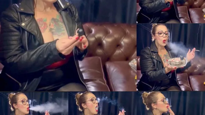 GIANT smoking dominatrix, using her tiny cigarette slave - Long cigarette - Deep Inhales - Long drag - Domination - Genuine leather jacket - Makeup - Black Pantyhose - Mini dress