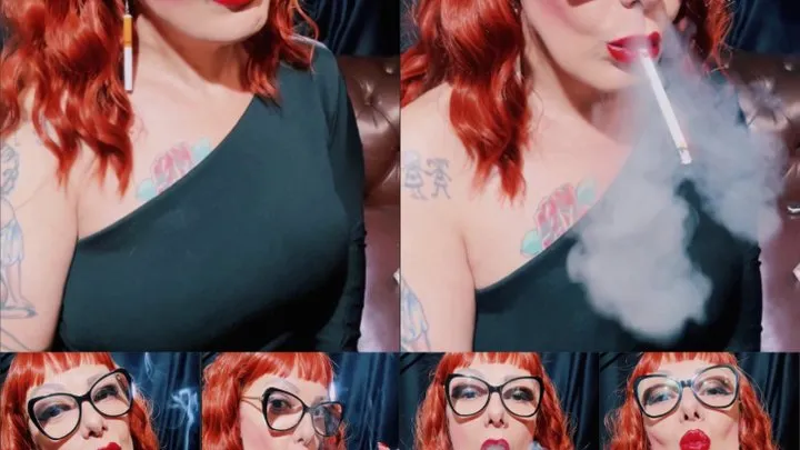 Beautiful redhead smoker, very well made up, sexy red lips smoking her long white cigarette and blowing smoke in her face - Dangling - Deep Inhales - Nose Exhales