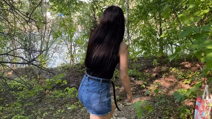 Petite 18 year old brunette with small tits changes clothes in the woods! POV!