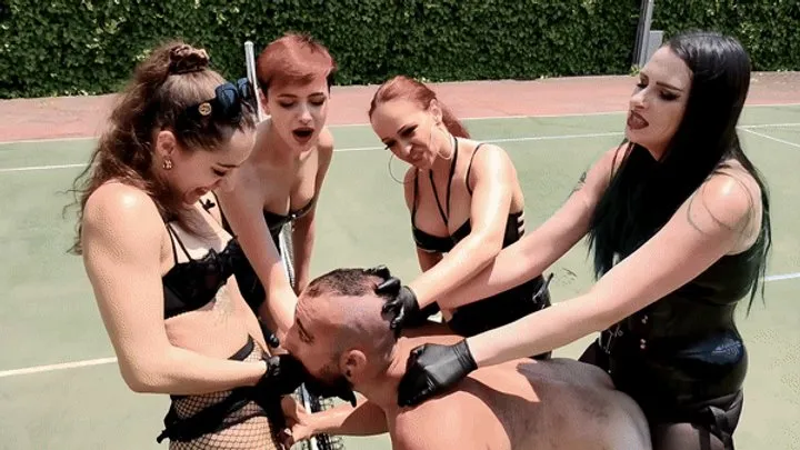 Pegging strap-on gangbang on tennis court with 4 Dommes | Black Nymphe, Lady Perse, Lady Fatale, Miss Medea