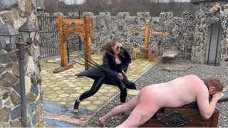 Severe flogging on my cannon, outside at Dracula Femdom Castle