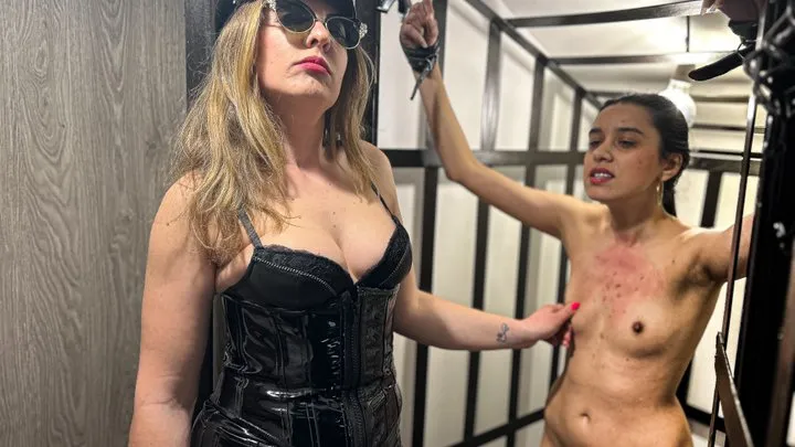 Destroying her skinny chest with my painful, thick leather paddle