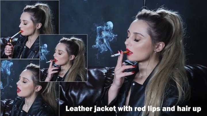 Leather jacket with red lips and hair up