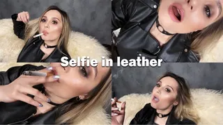 I will zoom in on the camera and show my breaths very close - Selfie smoking in leather