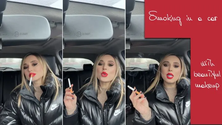 Smoking in a car with beautiful makeup