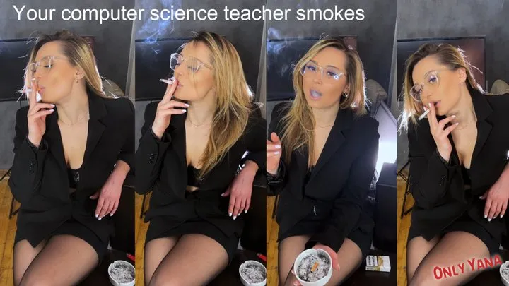 Black jacket, black skirt, tights and glasses- Your computer science teacher smokes 2 marlboros