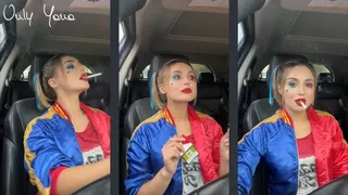 Harley Quinn smokes in the car
