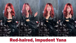 Red-haired Yana, leather, cream smoke, chain smoking and talking exhalations