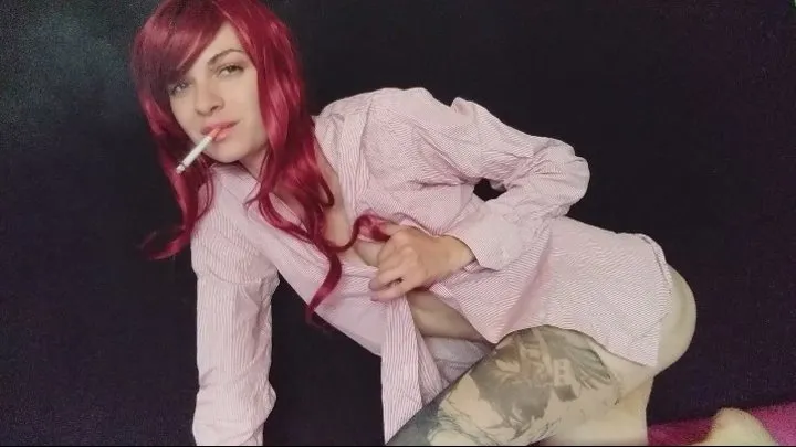 Smoking in shirt and pink panties