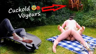 Public Park Wife Sharing - Cuckold Fun with Masturbating Voyeurs