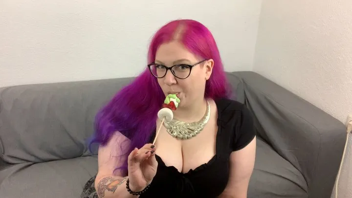 Goth BBW eating marshmallow figure