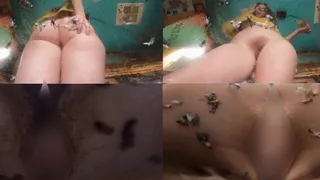 Giantess enjoys a meal sitting on her tiny people bare ass