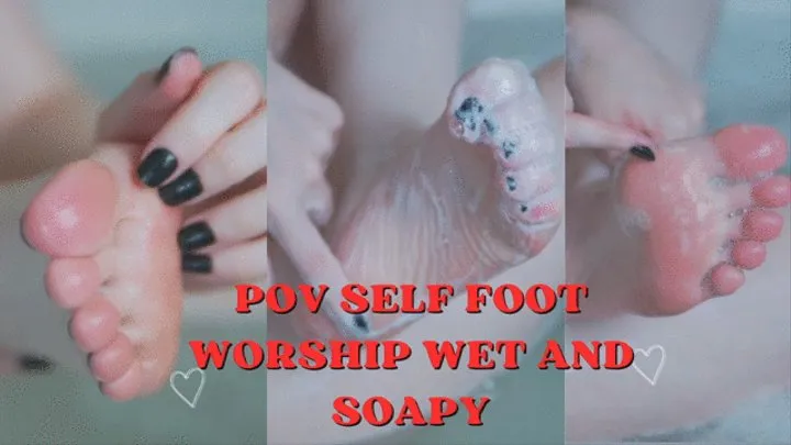 Pale long feet with black nails soapy and wet self foot worship