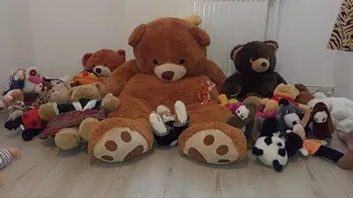 Sandra is trampling and crushing a big pile of bears and pluchies