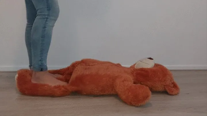 Sandra is trampling a Big teddy barefoot in jeans