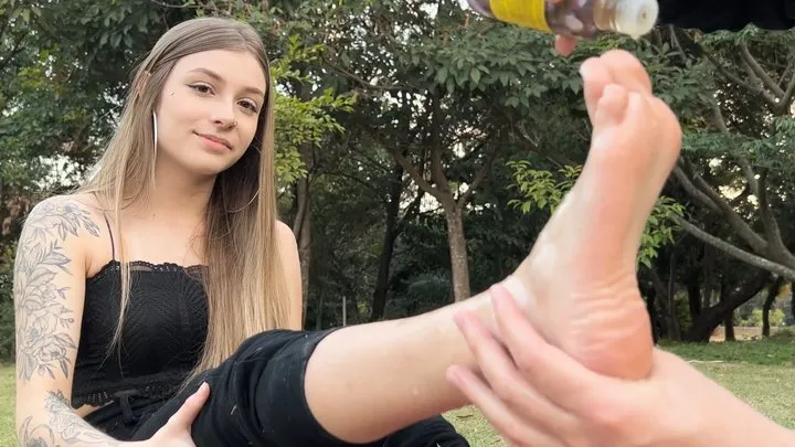 Sophia gets foot massage and has her feet clean