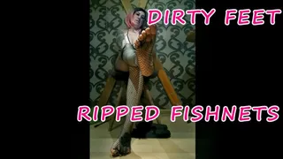 Lady Angela dirty feet ripped fishnets femdom foot smelling