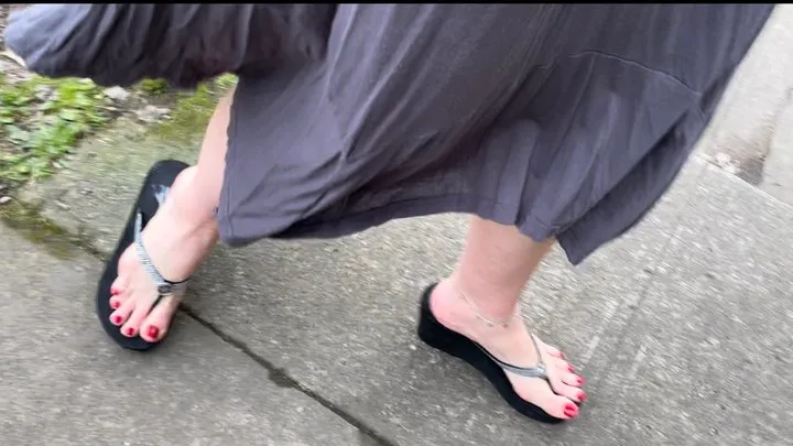 Candid Big Feet Walking In Wedge Flip Flops