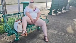 BBW - Mature hijab Muslim Milf masturbating publicly outdoor at the bus stop with lots of car passing by - kinky BBW SSBBW POV worship (big butt, big booty, big ass, huge ass, big tits, big boobs, ebony SSBBW)