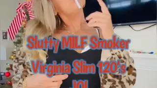 Slutty MILF Smoking VS120's and stripping to nude with only white fishnet thigh-highs and black velvet Mary Jane heelZ