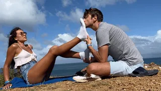 Socks sniffing and cum on feet outside!