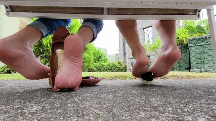 Double shoeplay in flats by two hot latina girls.