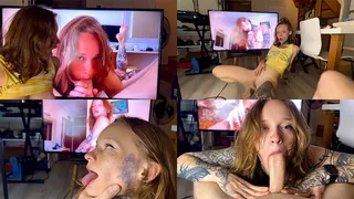 Ginger petite 18 yo porn model gives blowjob and deepthroat to her fan